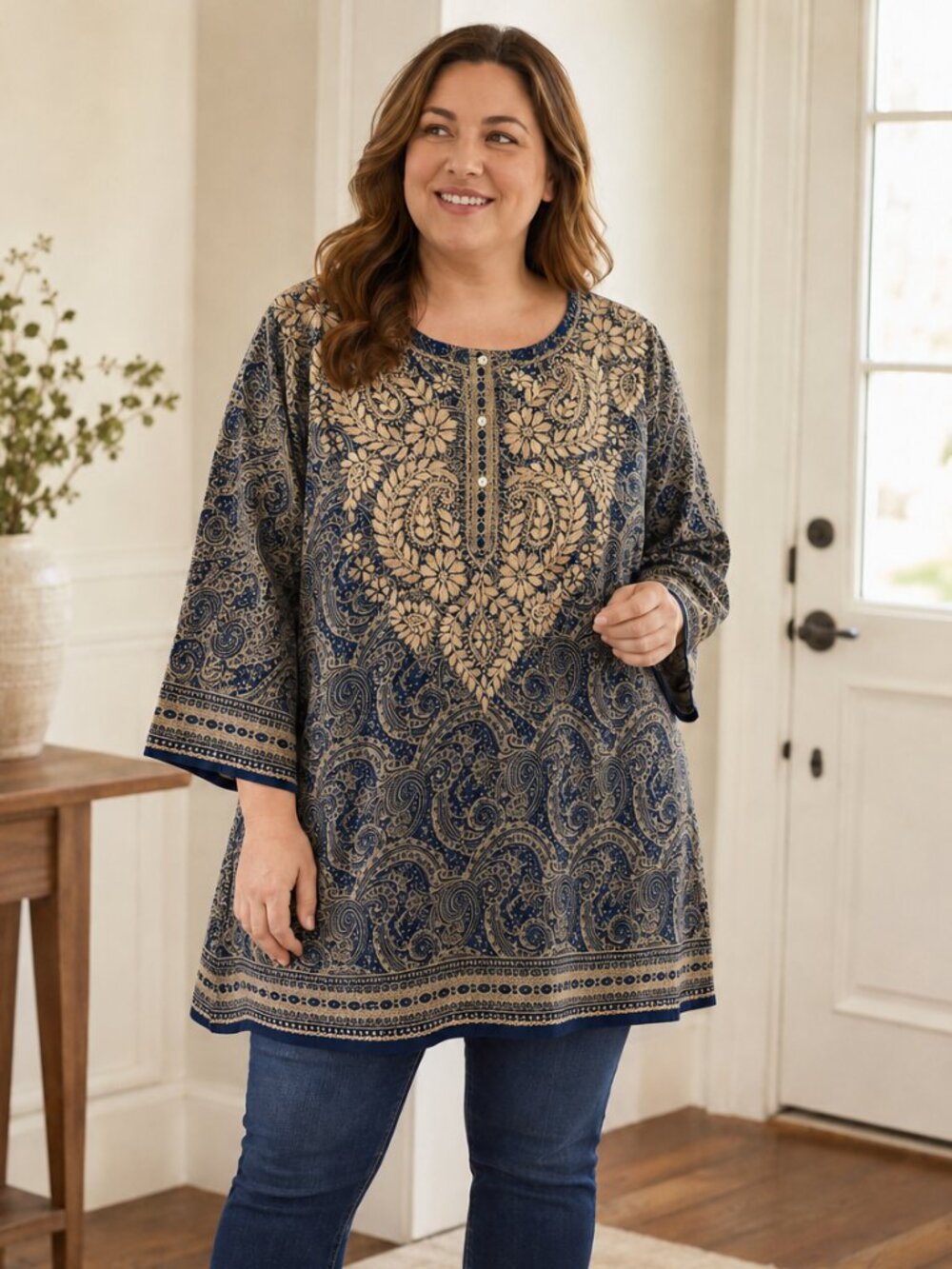 Embroidered Silk Tunic Top Blue Paisley Boho Dolma XL